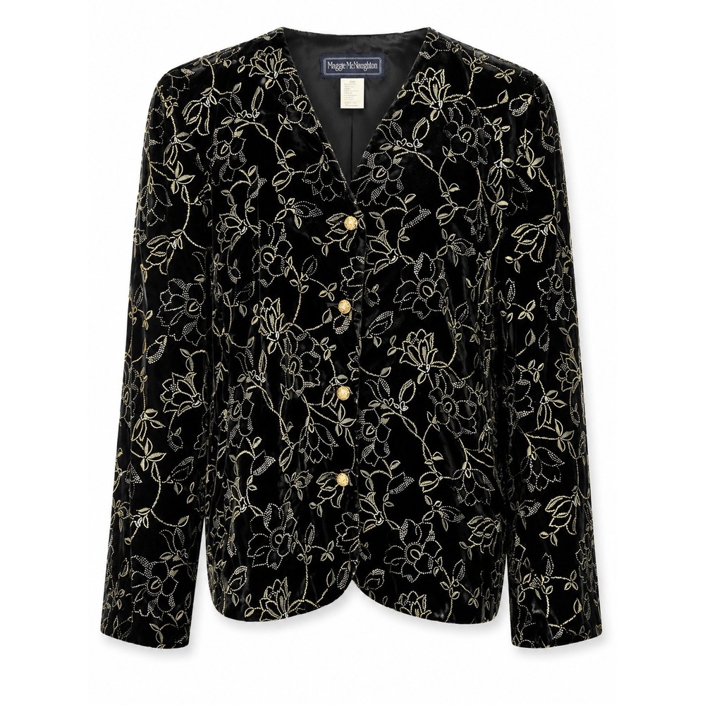 Maggie McNaughton Vintage Black Velvet Gold Floral Embroidered Jacket 20W